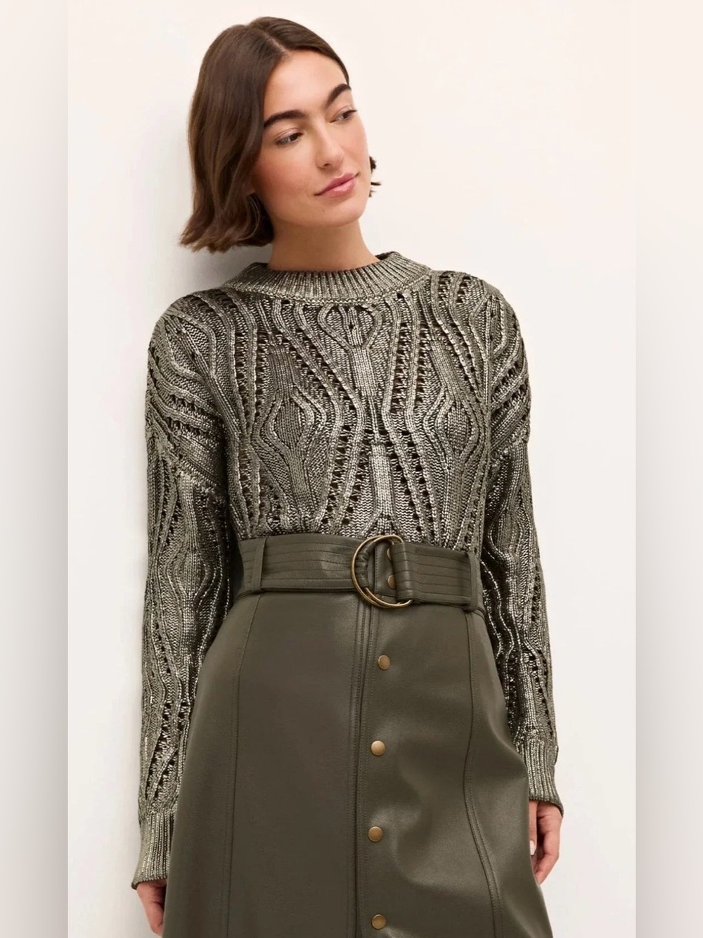 Marie Oliver Maxine Sweater Womens Large Metallic Evergreen Cotton Knit $348